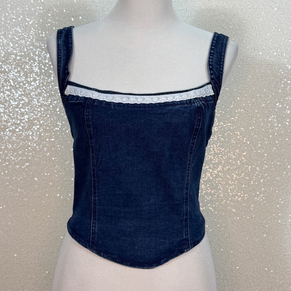 Forever 21 Denim Corset Top Bustier Lace Trim Square Neck Cropped Cottage Core